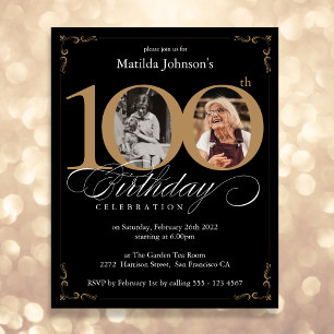 Black Gold Budget Photo 100th Birthday Invitation