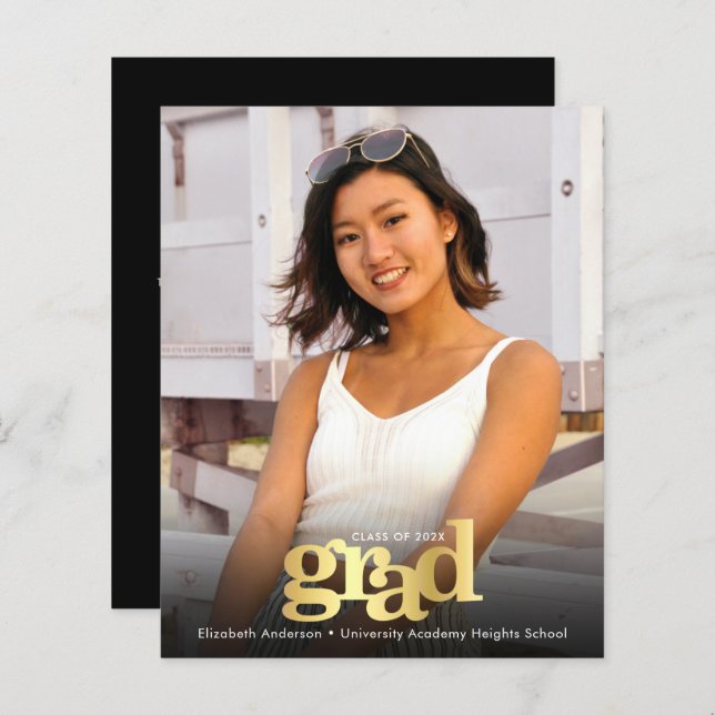 Black gold budget photo graduation bold invitation (Front/Back)