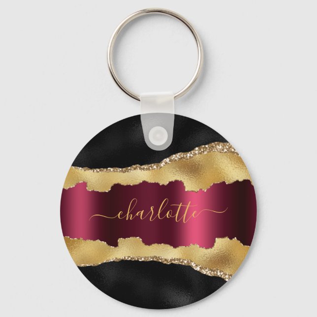 Black gold burgundy agate marble name script key ring (Front)