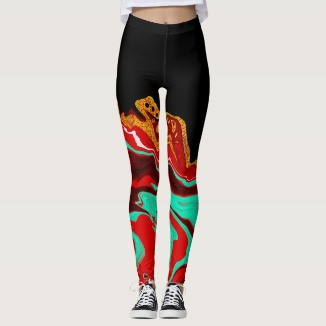 Black, Gold, Burgundy, Marble Fluid Art  Leggings (Front)