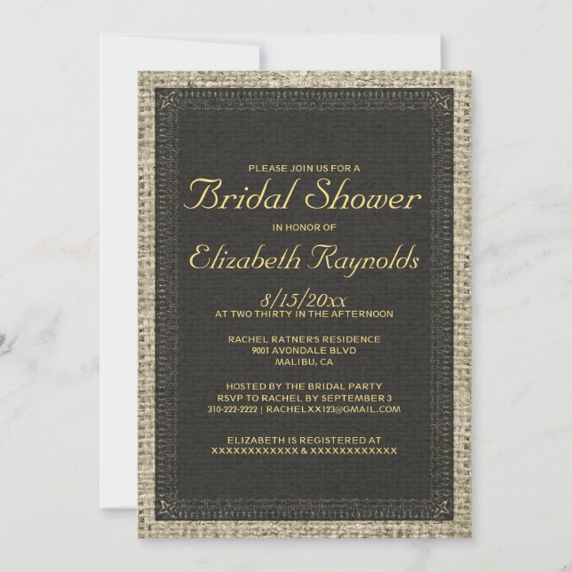 Black & Gold Burlap Bridal Shower Invitations (Front)