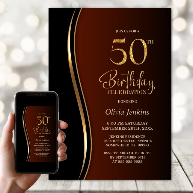 Black Gold Burnt Orange 50th Birthday Party Invitation (Creator Uploaded)