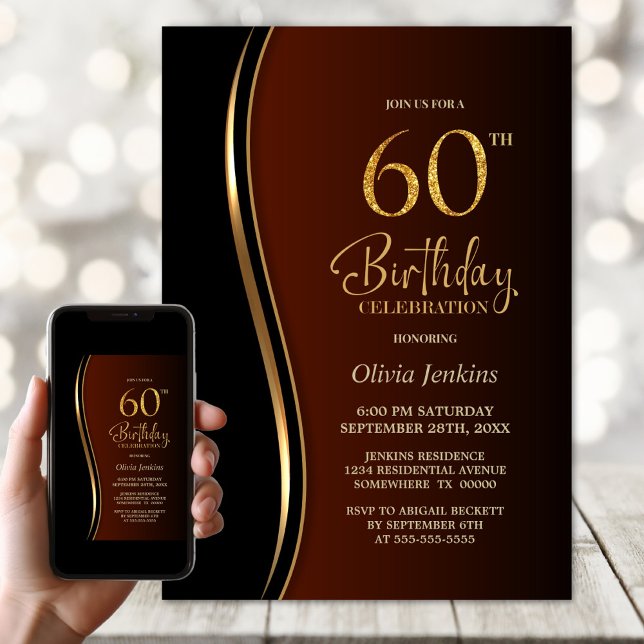 Black Gold Burnt Orange 60th Birthday Party Invitation (Creator Uploaded)