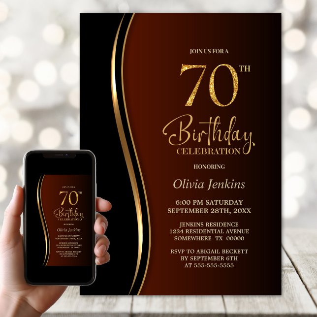 Black Gold Burnt Orange 70th Birthday Party Invitation (Creator Uploaded)