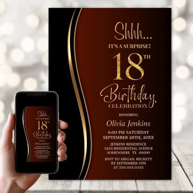 Black Gold Burnt Orange Surprise 18th Birthday Invitation (Creator Uploaded)