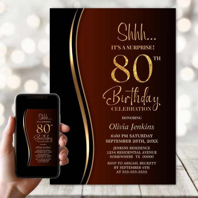 Black Gold Burnt Orange Surprise 80th Birthday Invitation (Creator Uploaded)