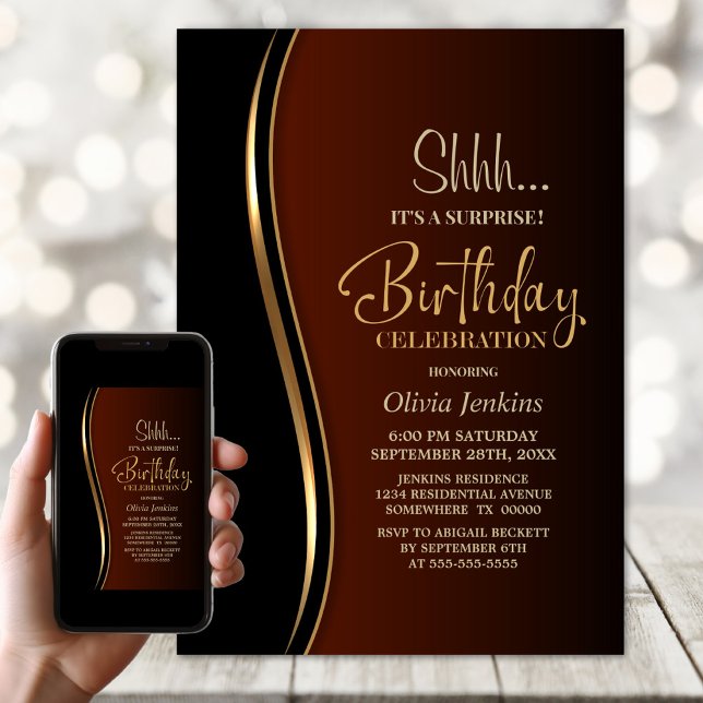 Black Gold Burnt Orange Surprise Birthday Party Invitation (Creator Uploaded)