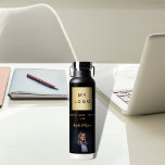 Black gold business logo name signature photo water bottle<br><div class="desc">A black background.  Personalise and add your business logo,  text (or delete)  name and a profile photo. Golden text.</div>