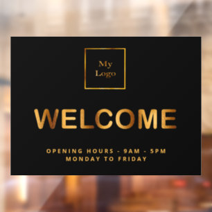 Black gold business logo opening hours welcome window cling