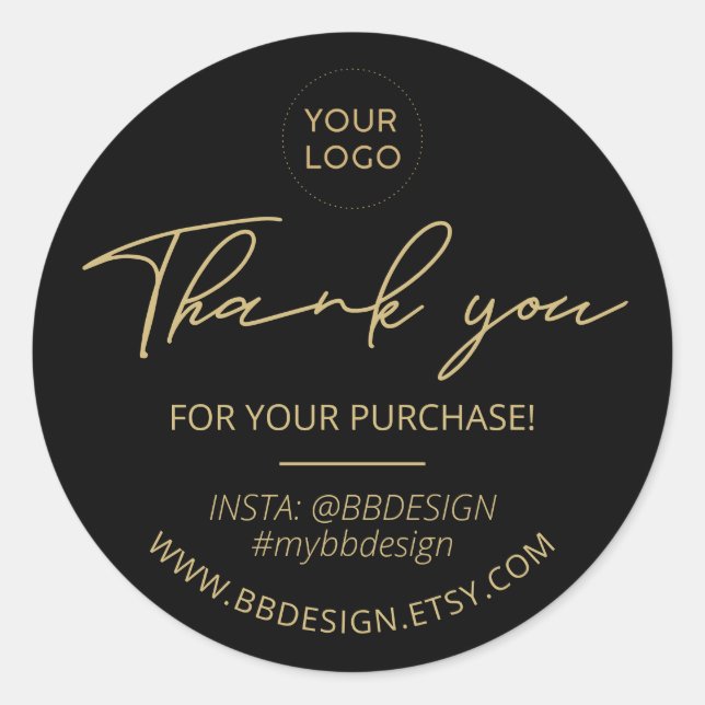 Black & Gold Business Logo Package Thank you Classic Round Sticker (Front)