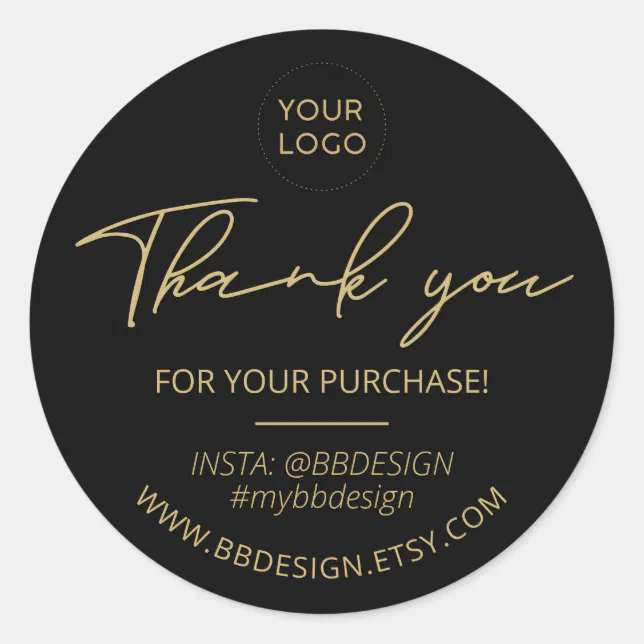 Black & Gold Business Logo Package Thank you Classic Round Sticker | Zazzle