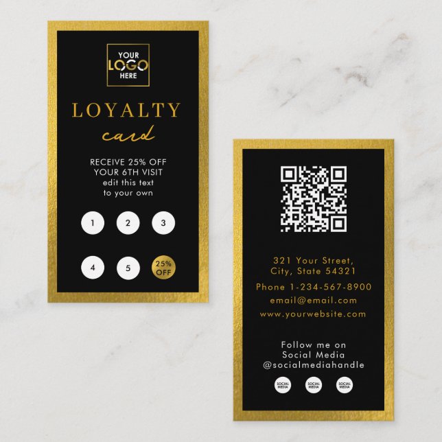 Black Gold Business Logo QR Code Loyalty  Card (Front/Back)