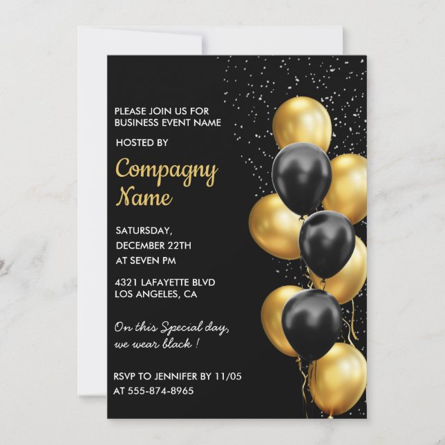 Black Gold Business party invite Balloon (Front)