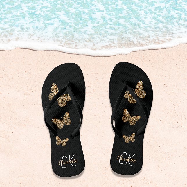 Black gold butterflies name monogram flip flops (Creator Uploaded)