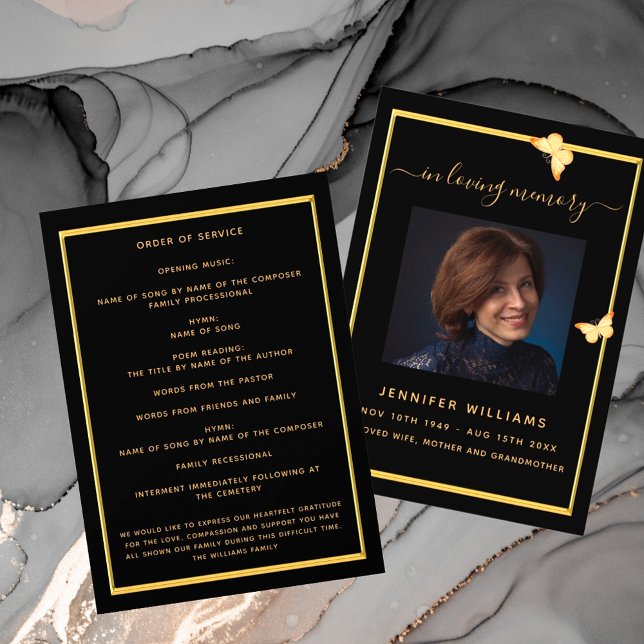 Black gold butterflies photo funeral program invitation (Creator Uploaded)