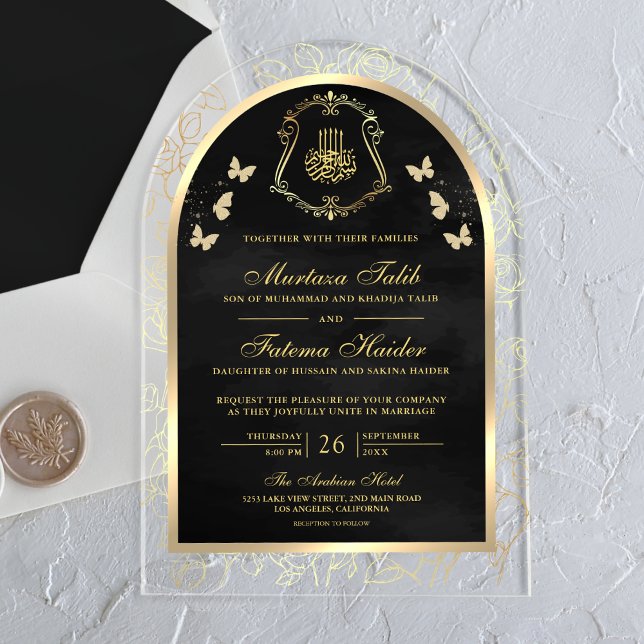 Black Gold Butterfly Arch Muslim Wedding Acrylic Invitations (Creator Uploaded)