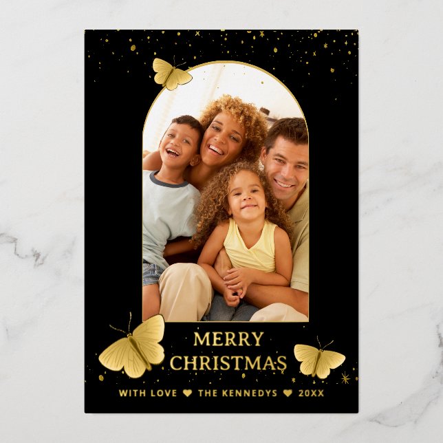Black & Gold Butterfly Arch Photo Frame Christmas Foil Holiday Card (Front)