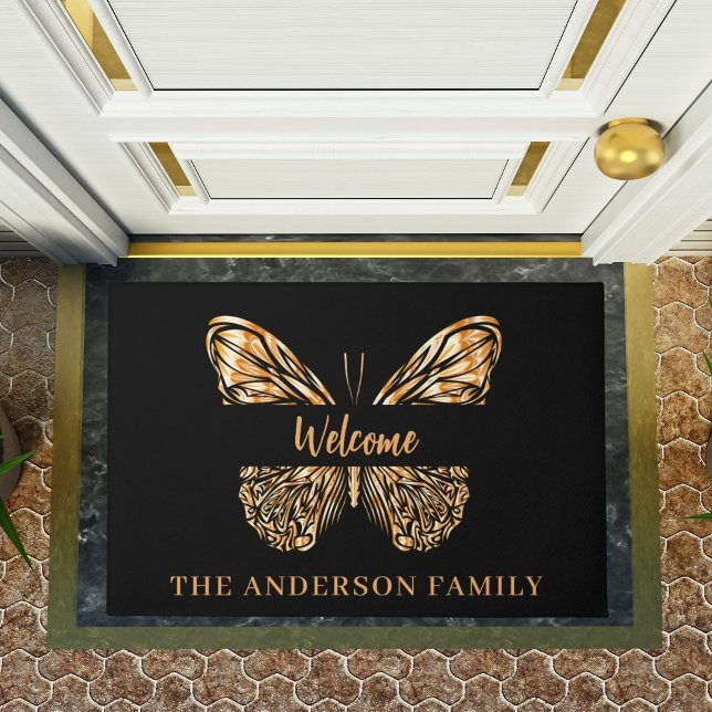 Black gold butterfly family name doormat (Creator Uploaded)
