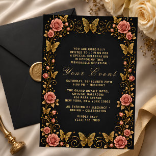 Black Gold Butterfly Floral Celebration Invitation