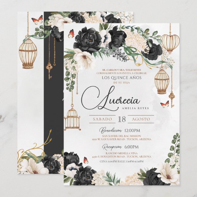 Black & Gold Butterfly Floral Elegant Quinceañera Invitation (Front/Back)