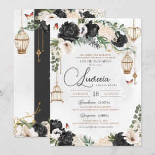 Black & Gold Butterfly Floral Elegant Quinceañera Invitation