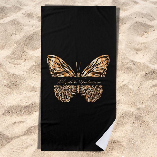 Black gold butterfly name script beach towel (Creator Uploaded)