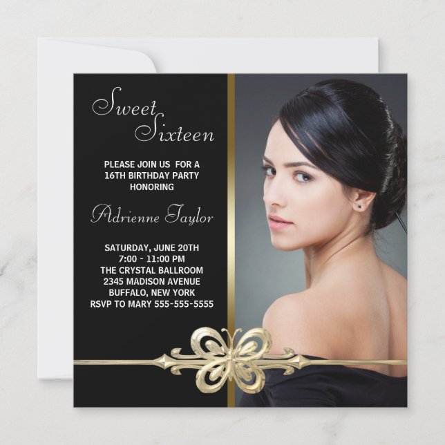 Black Gold Butterfly Photo Sweet Sixteen Birthday Invitation (Front)