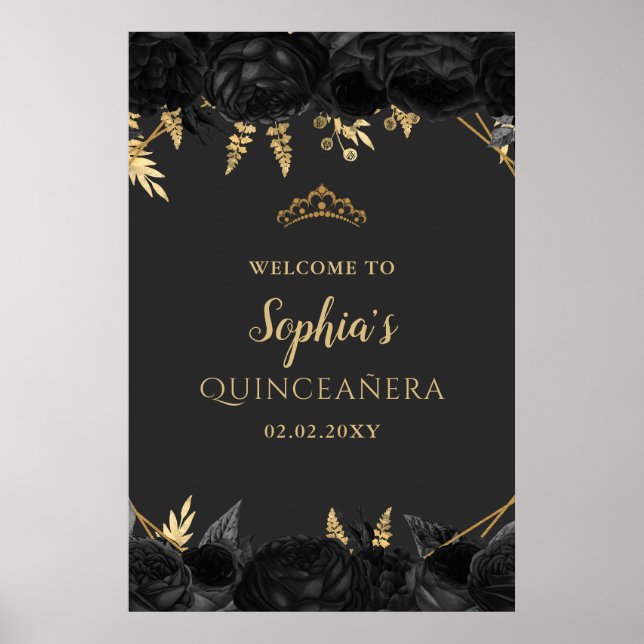 Black Gold Butterfly Quinceañera Welcome Sign (Front)