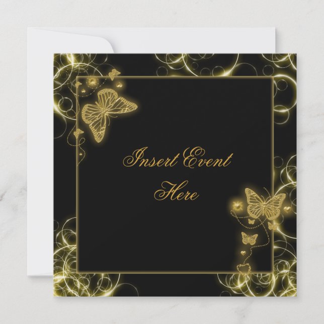 Black gold butterfly swirls elegant invitation (Front)