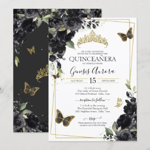 Black Gold Butterfly Watercolor Floral Quinceanera Invitation
