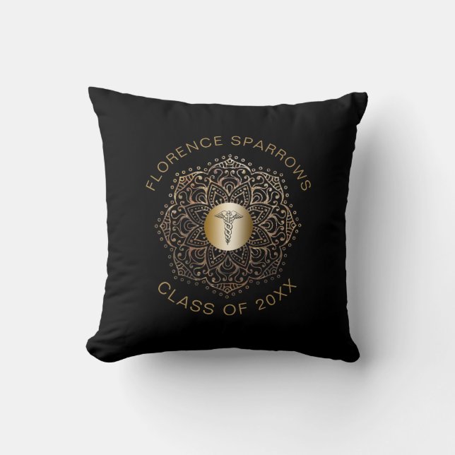 Black Gold Caduceus Personalised Nurse Graduation Cushion (Front)