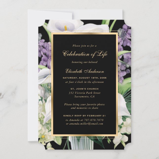 Black Gold Calla Lilies Photo Celebration of Life Invitation (Front)