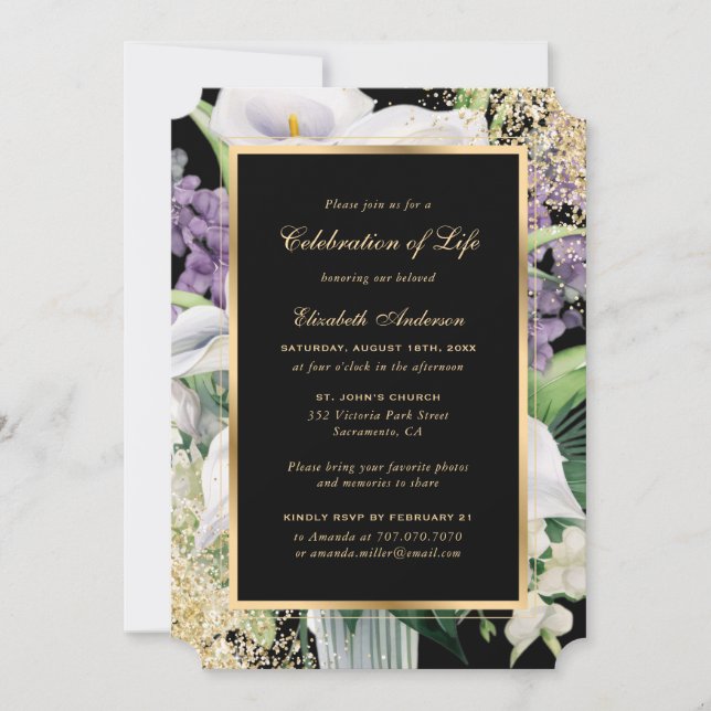 Black Gold Calla Lilies Photo Celebration of Life Invitation (Front)