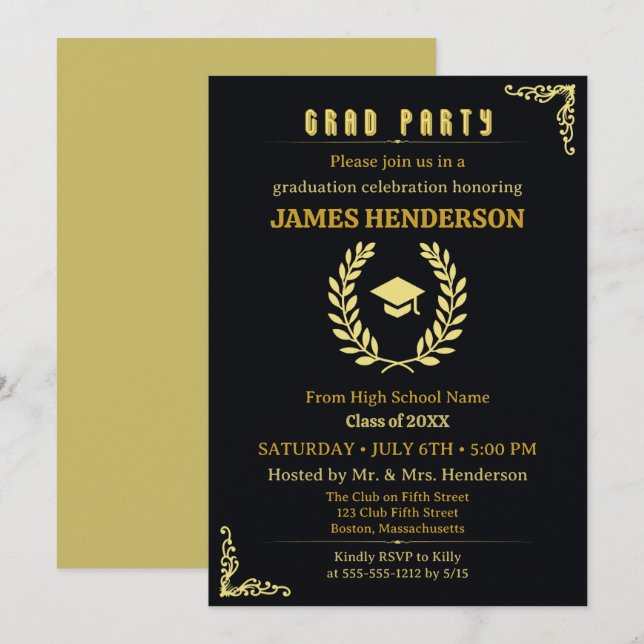 Black Gold Calligraphy Graduation Party 2025 Invitation (Front/Back)