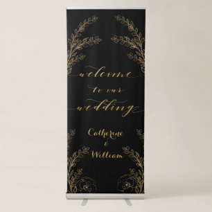 Black Gold Calligraphy Greenery Welcome To Wedding Retractable Banner