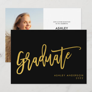 Black Gold Calligraphy Script Graduate Photo Party Invitation