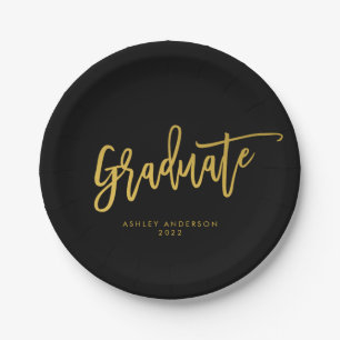 Black & Gold Calligraphy Script Graduation Party Paper Plate
