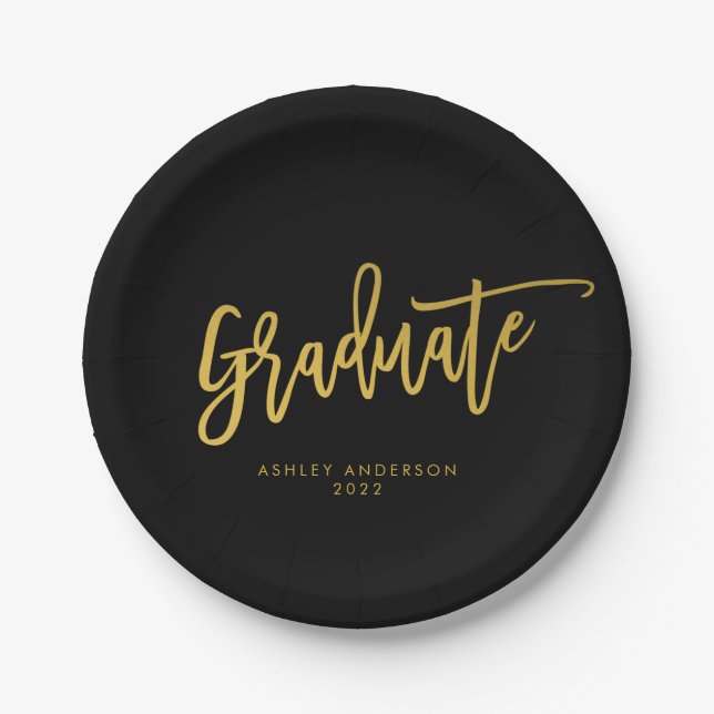 Black & Gold Calligraphy Script Graduation Party Paper Plate (Front)