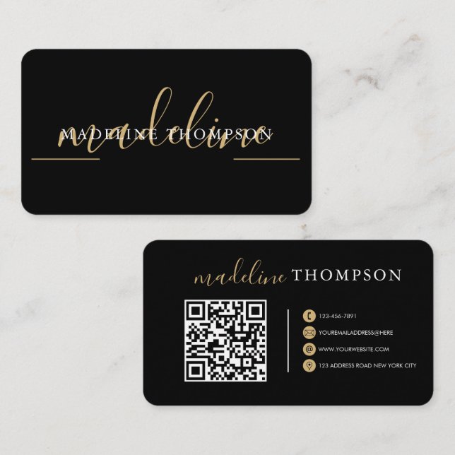 Black Gold Calligraphy Script QR code Business Car Card (Front/Back)
