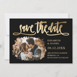 Black Gold Calligraphy Wedding 2 Splatter Photo Save The Date