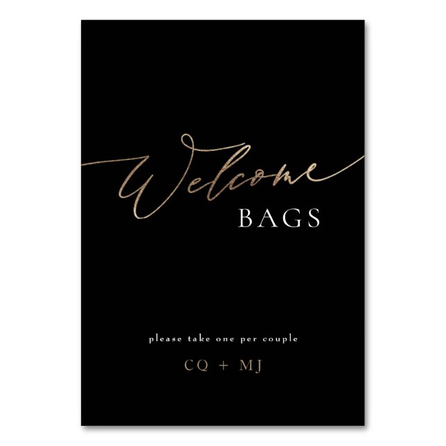 Black Gold Calligraphy Wedding Welcome Bags Sign Table Number (Front)