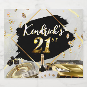 Black & Gold Casino, Luxury Car 21st Birthday Beer Bottle Label