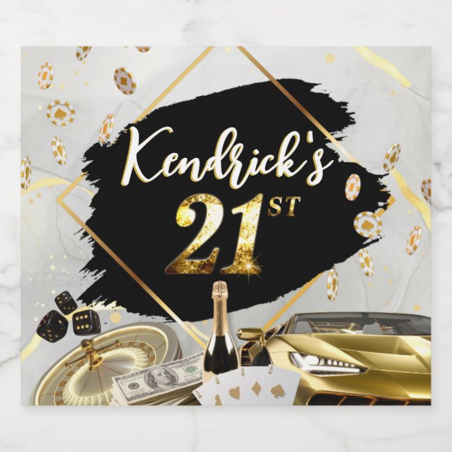 Black & Gold Casino, Luxury Car 21st Birthday Beer Bottle Label (Single Label)