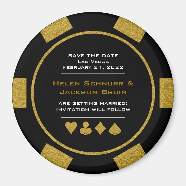 Black Gold Casino Poker Chip Wedding Save The Date Magnet (Front)