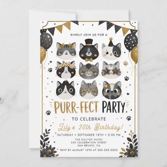 Black Gold Cat Birthday Invitation (Front)