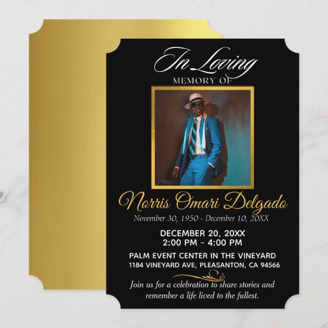 Black & Gold| Celebration of Life Elegant Photo  Invitation (Front/Back)