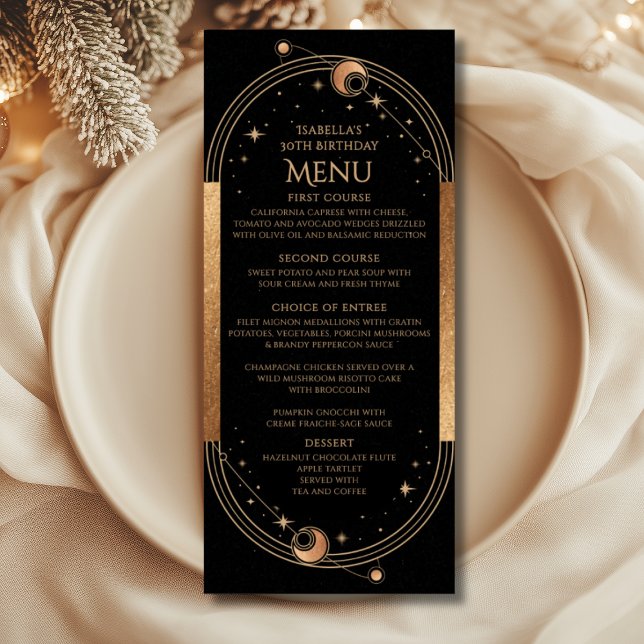 Black Gold Celestial 30th Birthday Party Menu (Creator Uploaded)