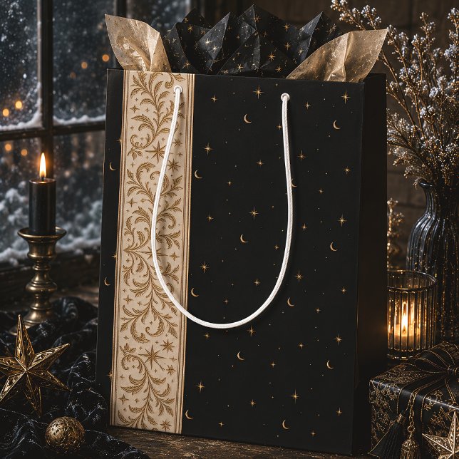 Black Gold Celestial Botanical Winter Solstice Medium Gift Bag (Creator Uploaded)