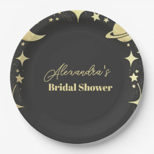 Black Gold Celestial Crescent Moon Bridal Shower Paper Plate