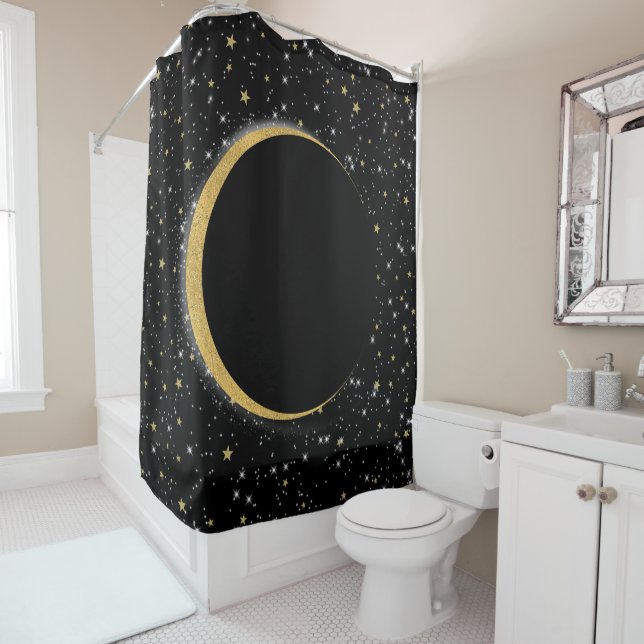 Black & Gold Celestial Moon Magic Lunar Stars Shower Curtain (In Situ)